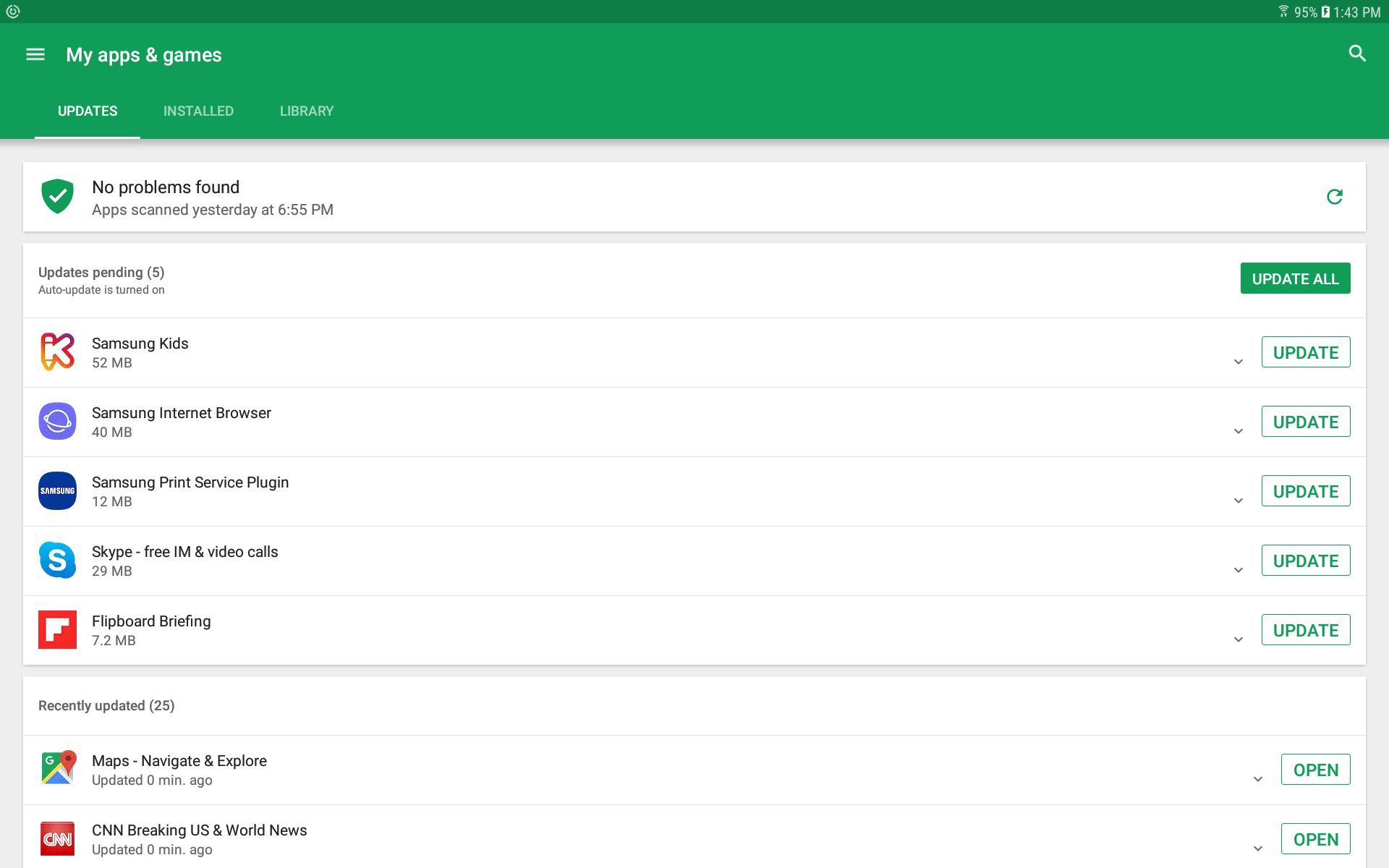 Снимок экрана, показывающий, где обновлять приложения в магазине Google Play.