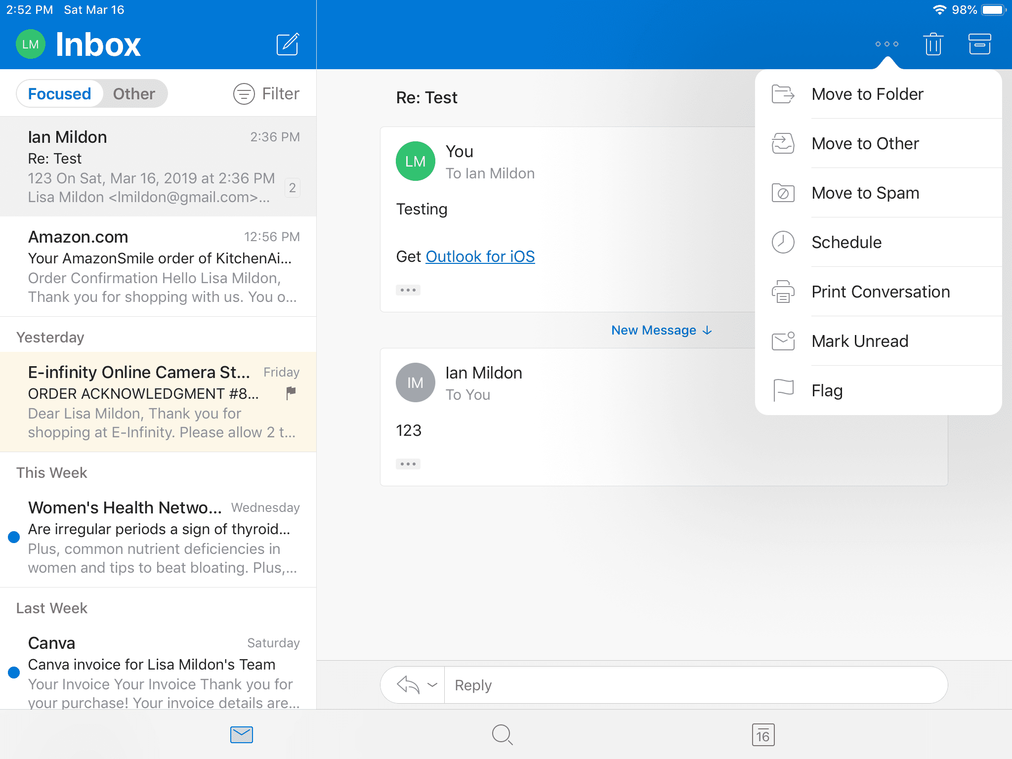Outlook для iOS, показывающий меню параметров.