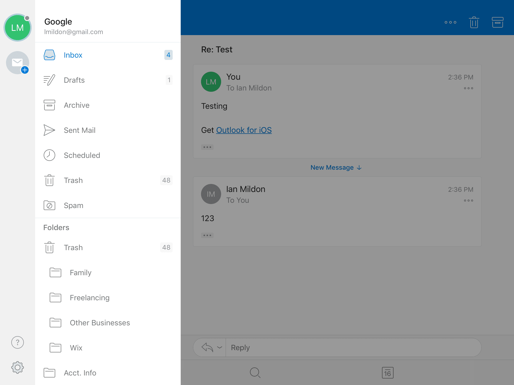 Просмотр папок в Outlook для iOS.