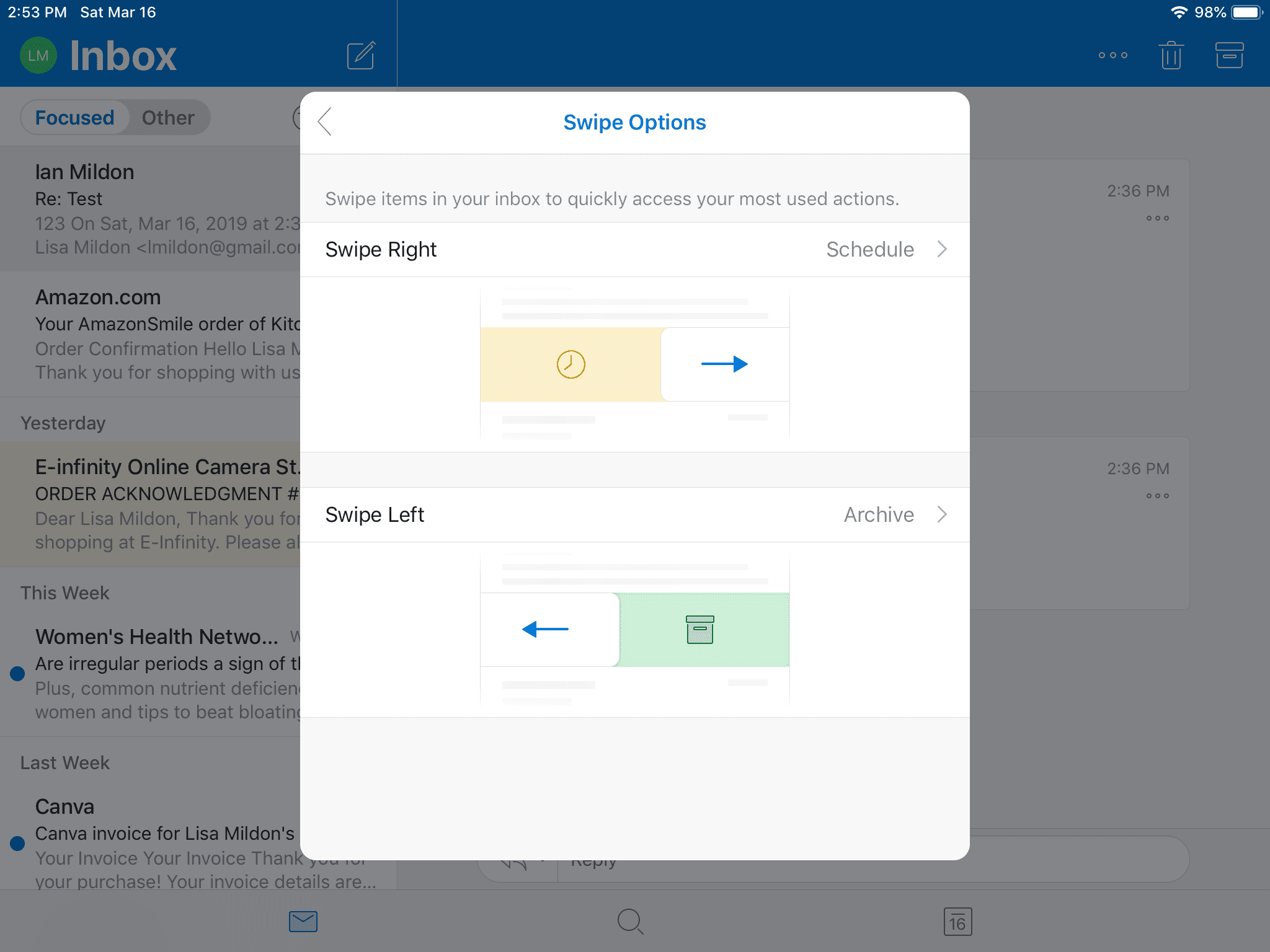 Проведите параметры в Outlook для iOS.