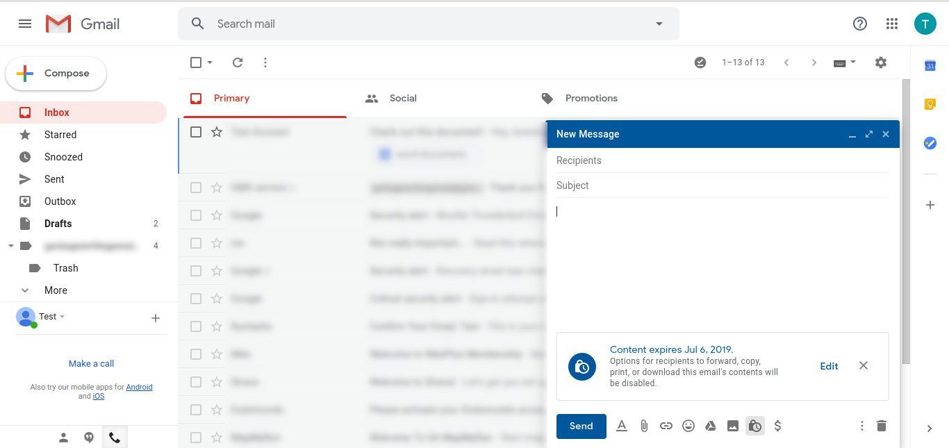 Gmail создает почту с включенным конфиденциальным