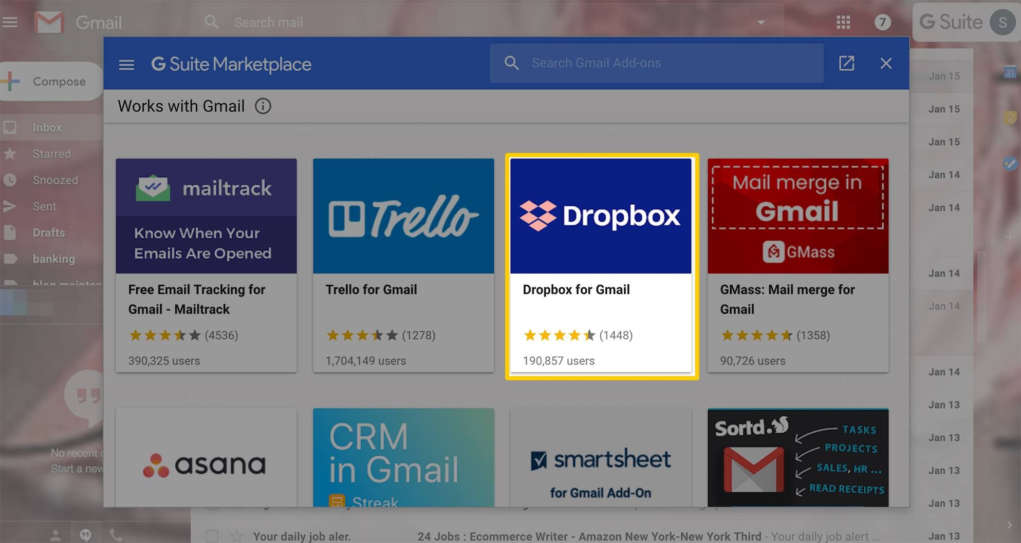 Значок надстройки Dropbox в G Suite Marketplace