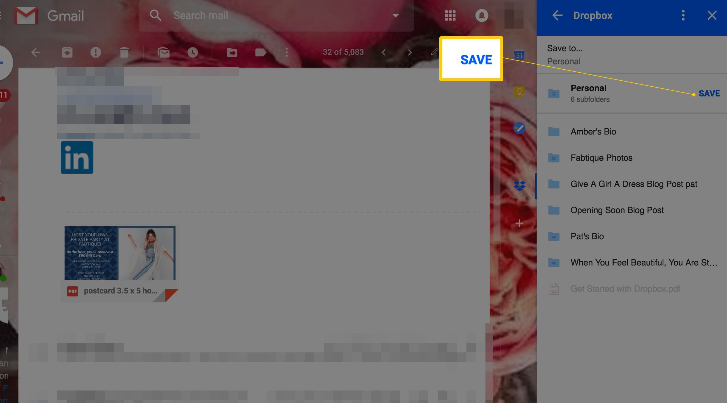 Кнопка Сохранить на панели Dropbox в Gmail