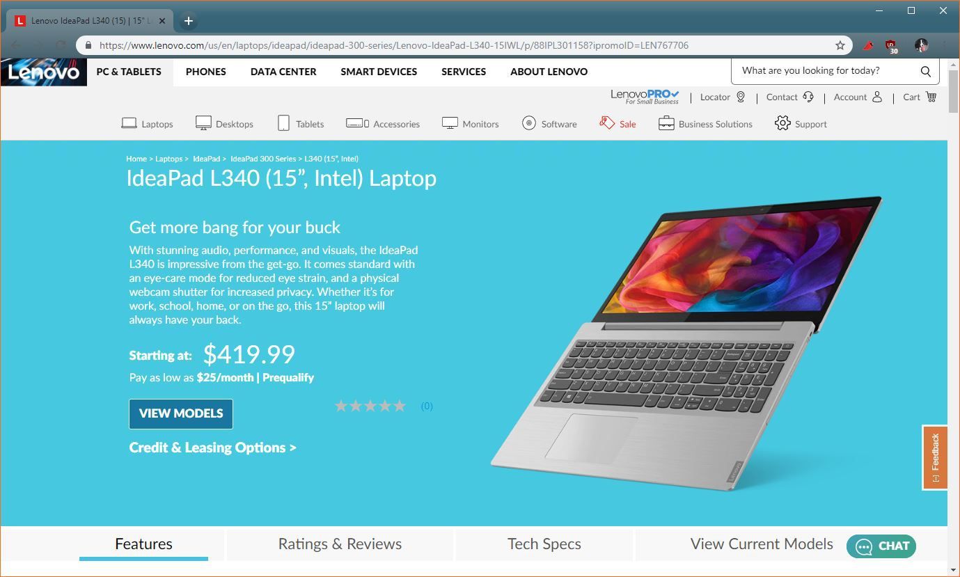 Скриншот ноутбука в магазине Lenovo.
