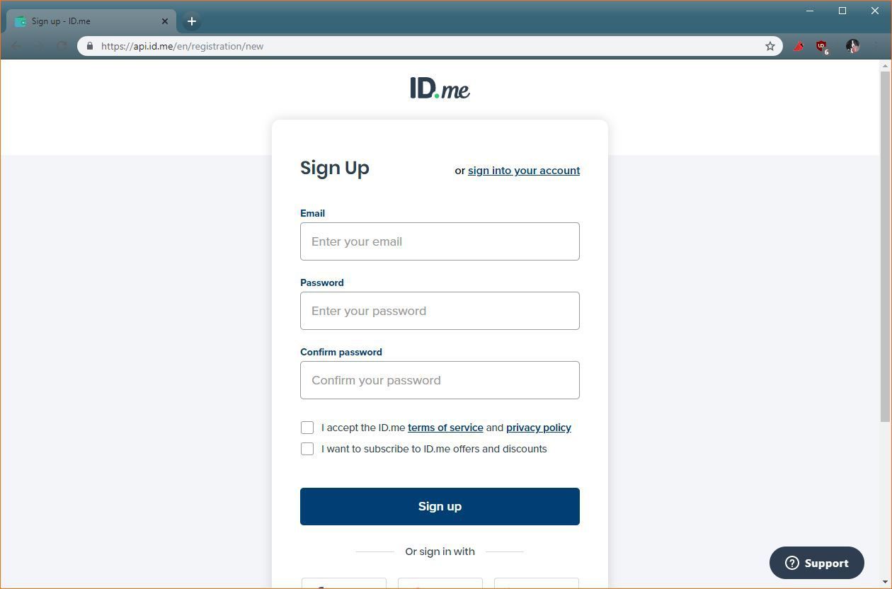 Скриншот процесса регистрации в ID.me.