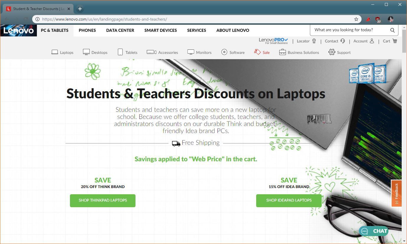 Скриншот страницы скидок для студентов и преподавателей Lenovo.