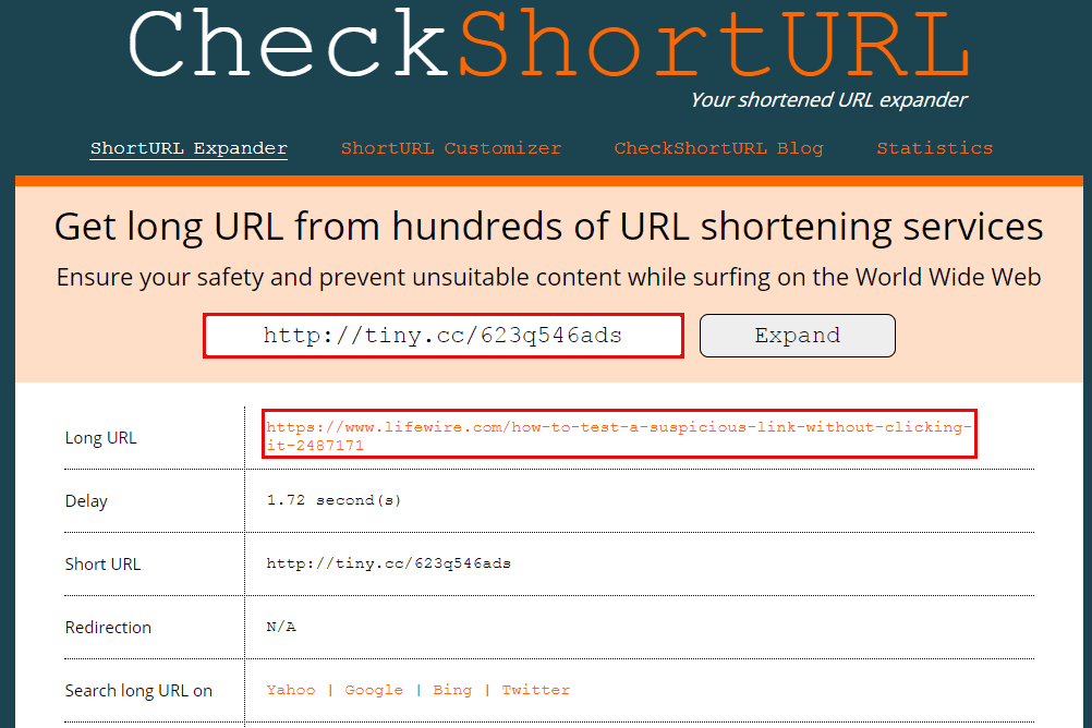 Снимок экрана CheckShortURL, показывающий, что такое короткий URL