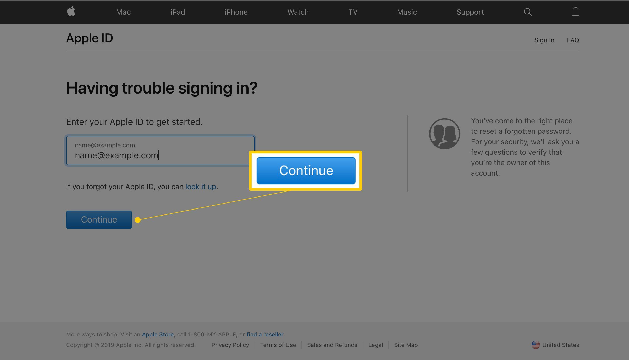Кнопка «Продолжить» на веб-странице Apple ID iForgot