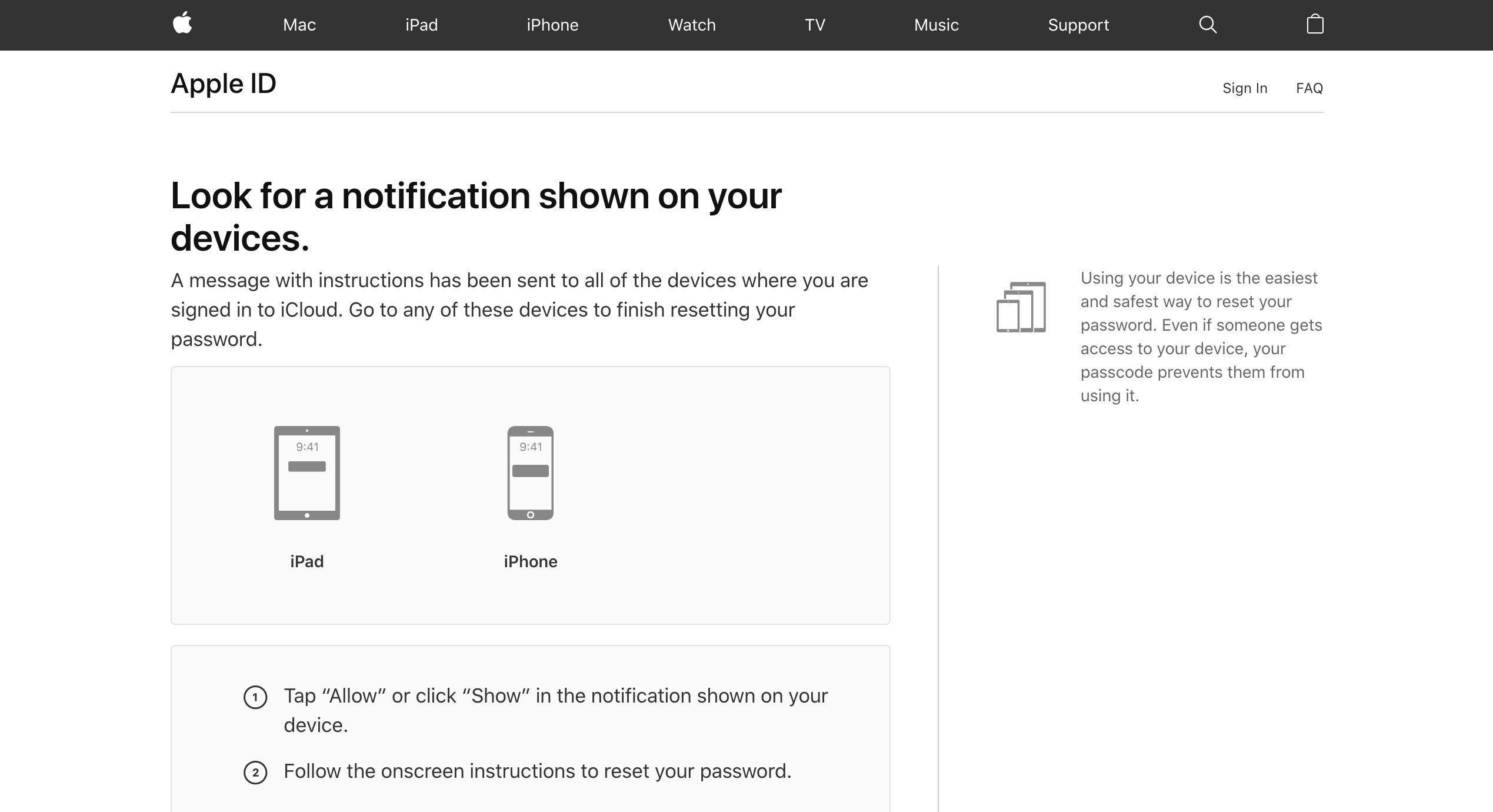 Ищите уведомление, отображаемое в сообщении вашего устройства на веб-странице Забыли Apple ID