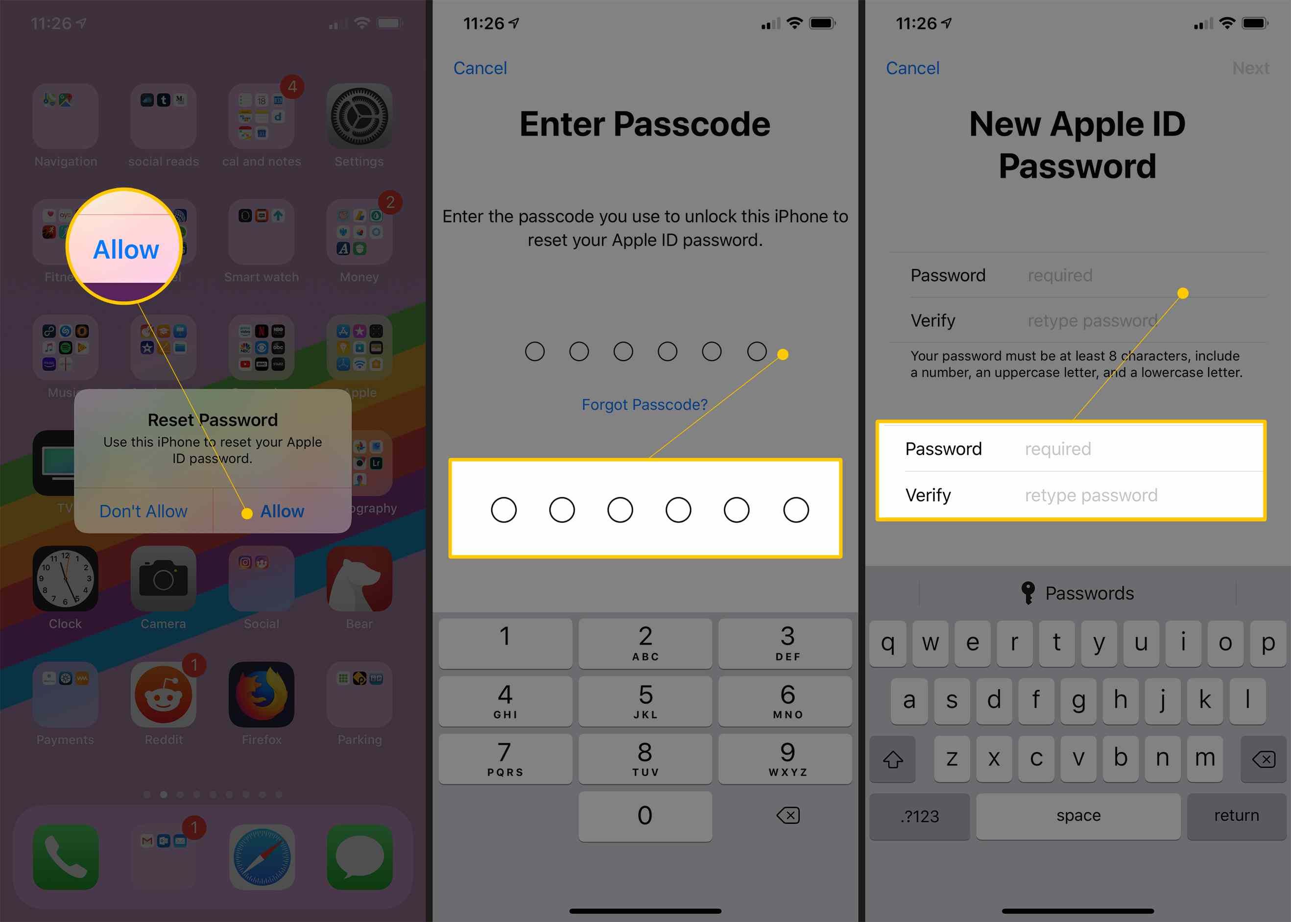 Три экрана iOS с кнопками «Разрешить», «Ввод пароля» и «Сброс пароля»
