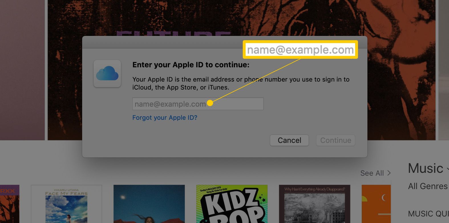 Введите свой Apple ID, чтобы продолжить диалог в iTunes