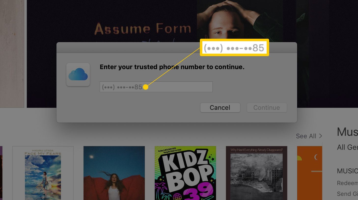 Поле доверенного номера телефона в iTunes