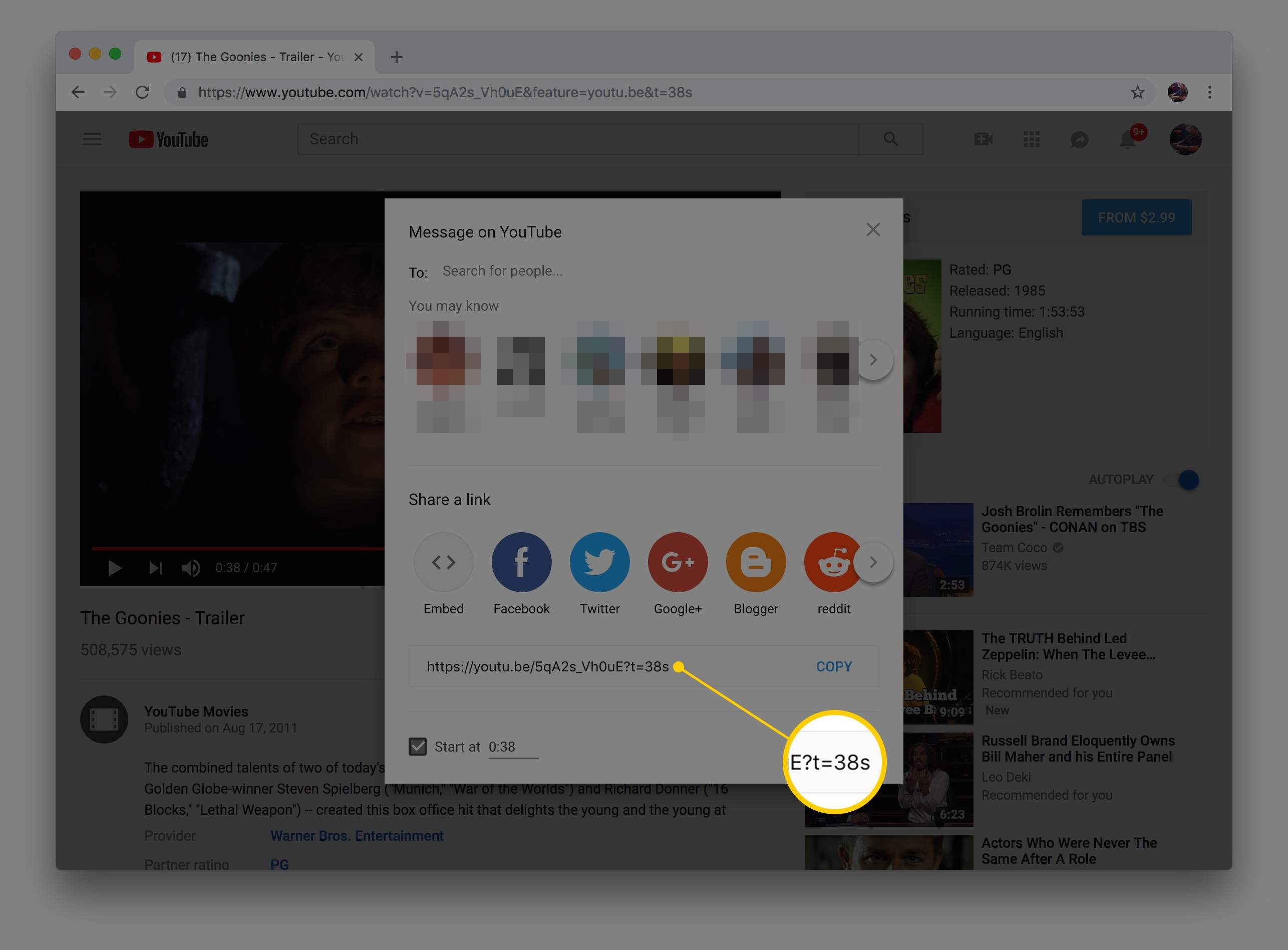 Снимок экрана экрана общего доступа на YouTube с выделенным URL-адресом временной метки
