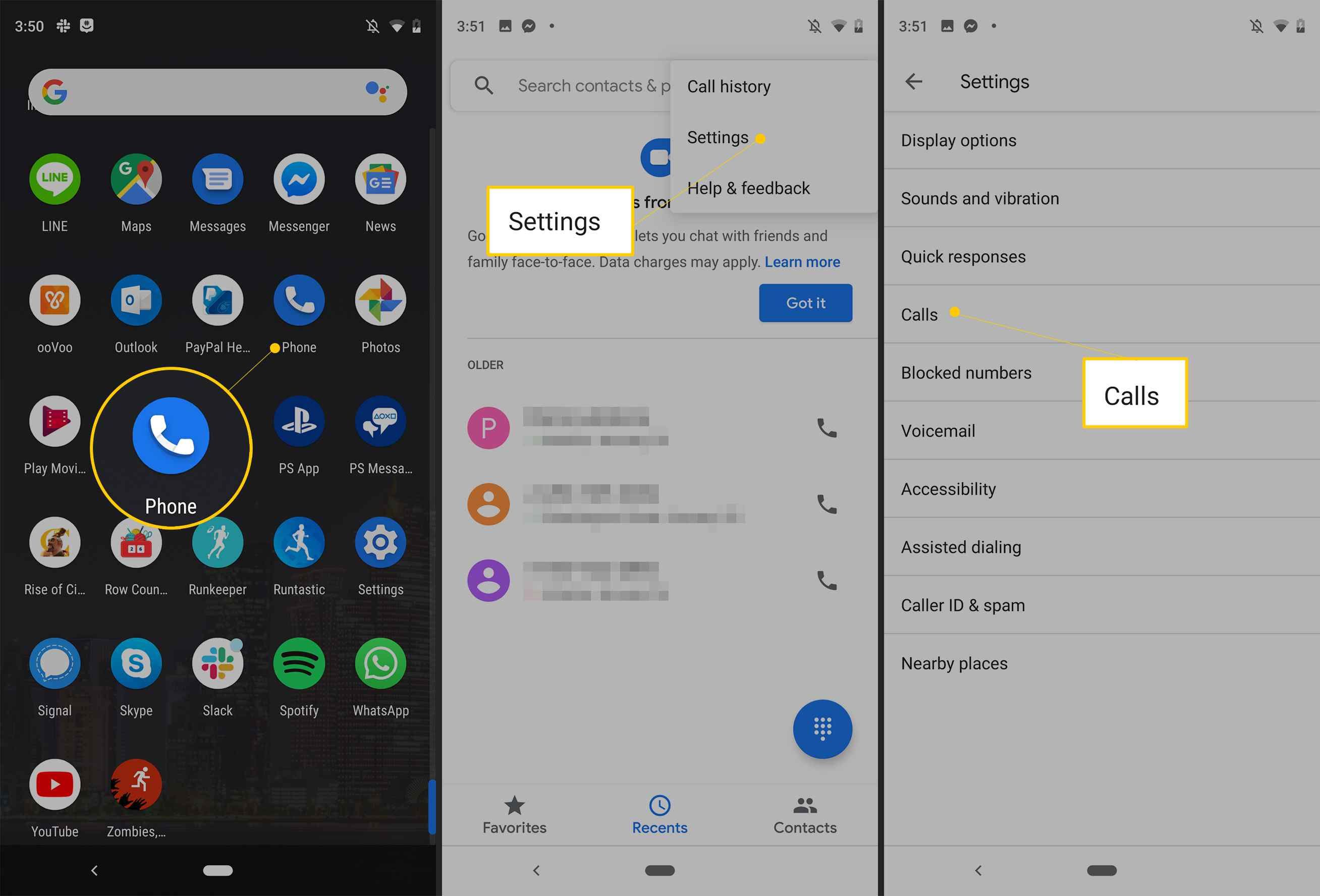 Значок телефона, Настройки и Звонки в настройках приложения Android Phone