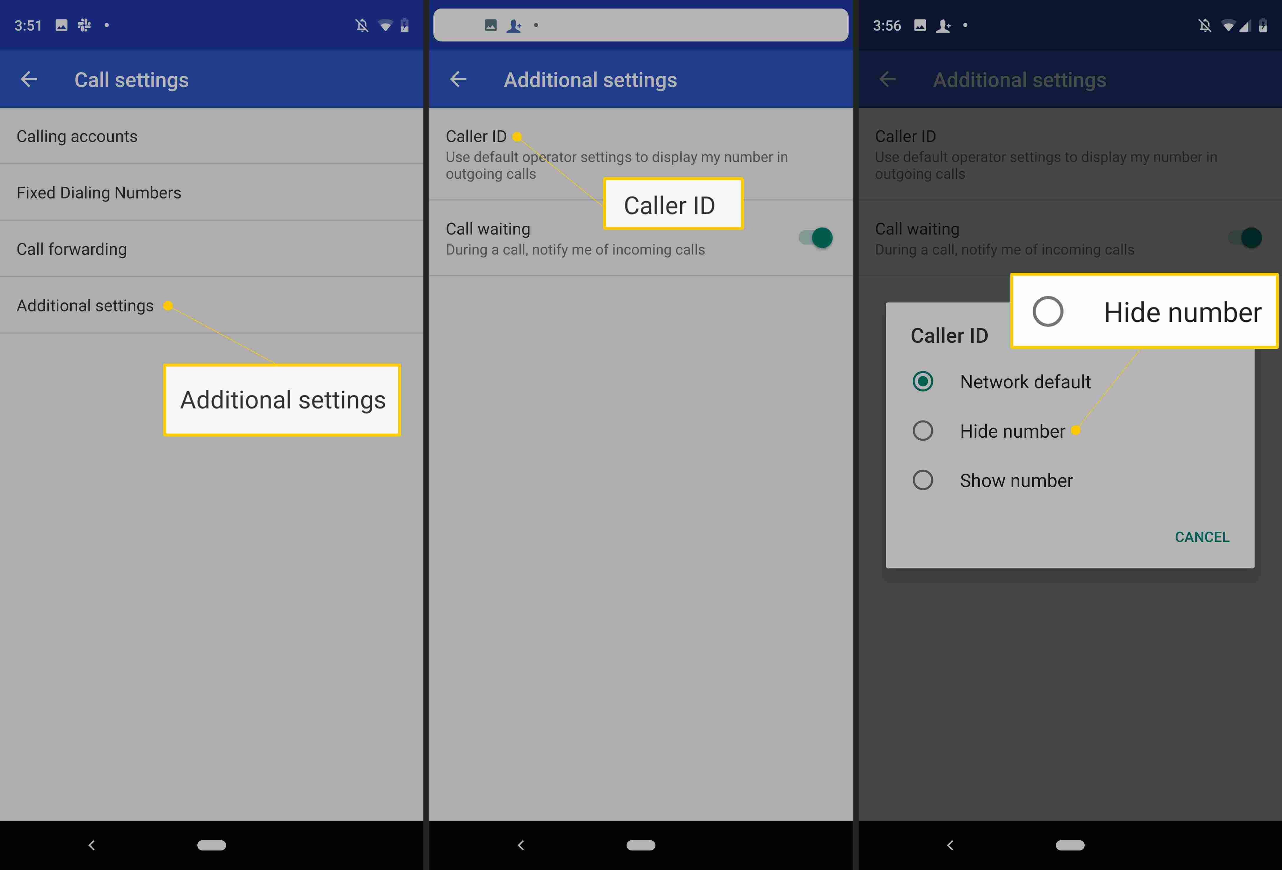 Дополнительные настройки, Caller ID и Скрыть номер в настройках приложения Android Phone