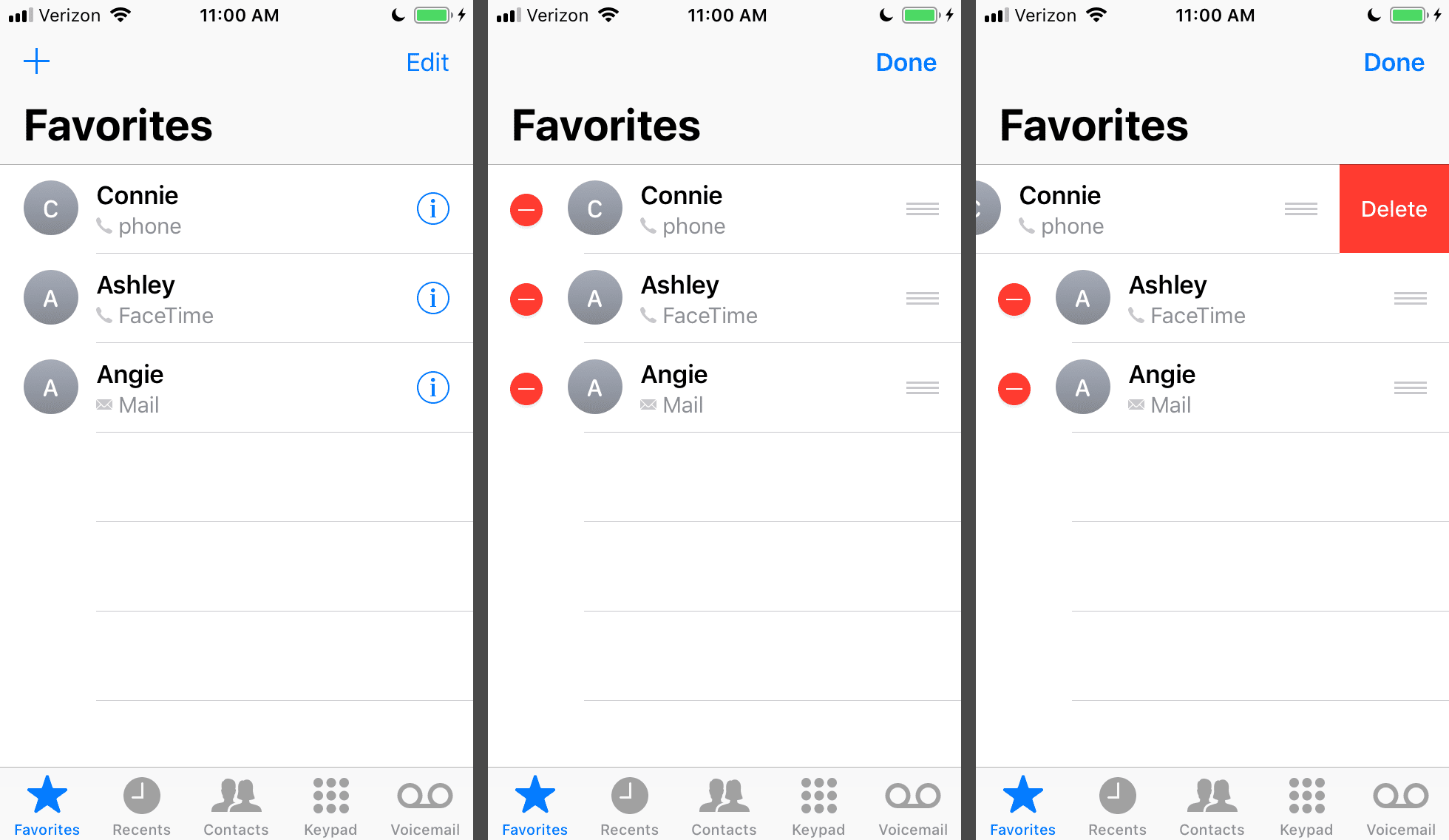 Удаление любимых контактов на iPhone