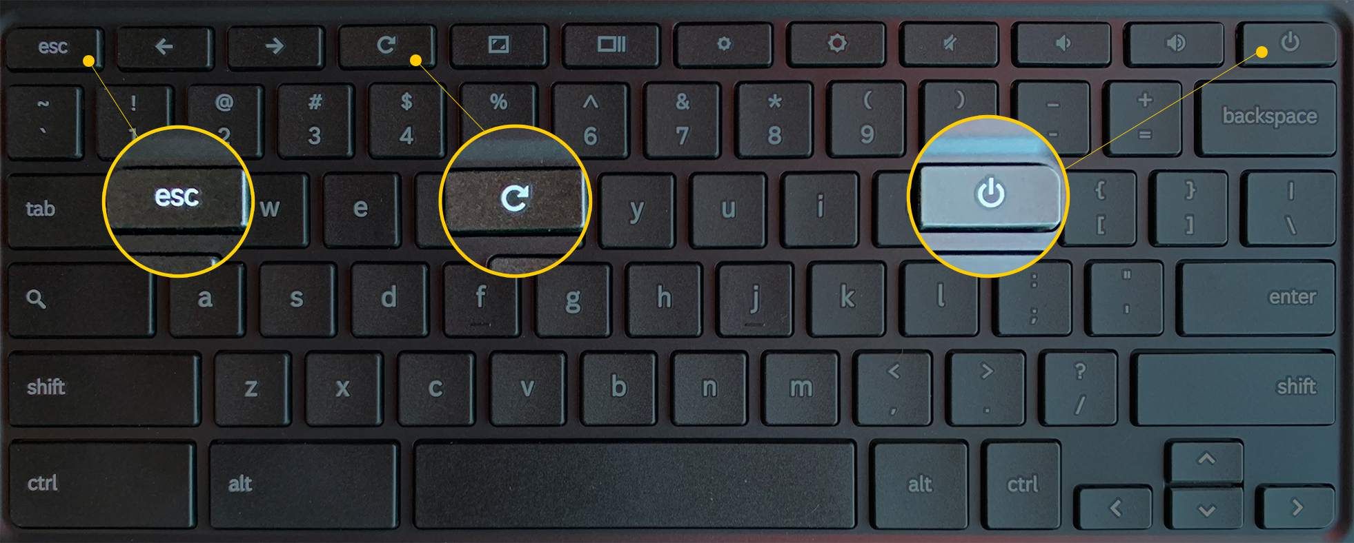 Клавиши Esc, Обновить и Питание на клавиатуре Samsung Chromebook