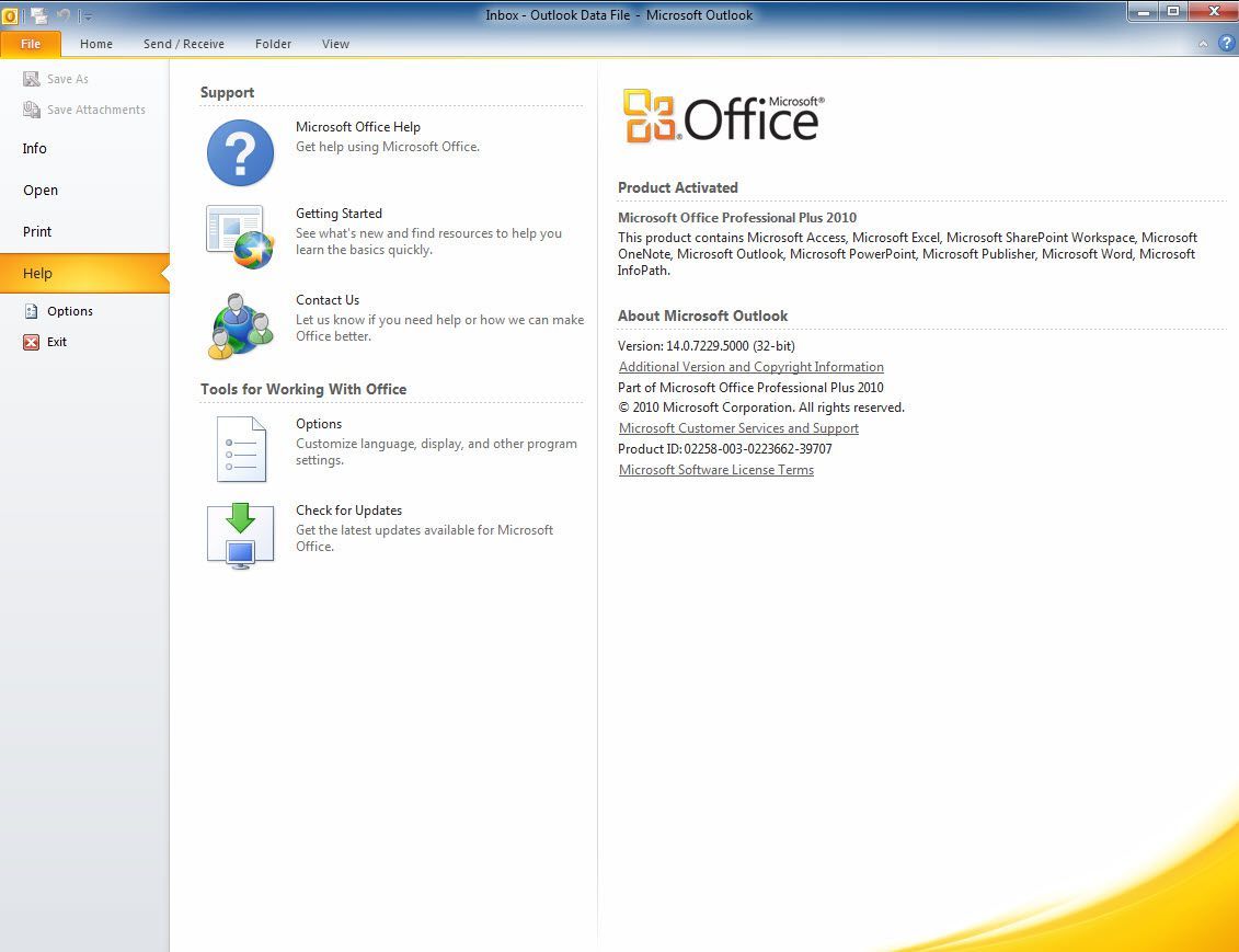 Outlook 2010 О Microsoft Outlook с отображаемой битовой версией
