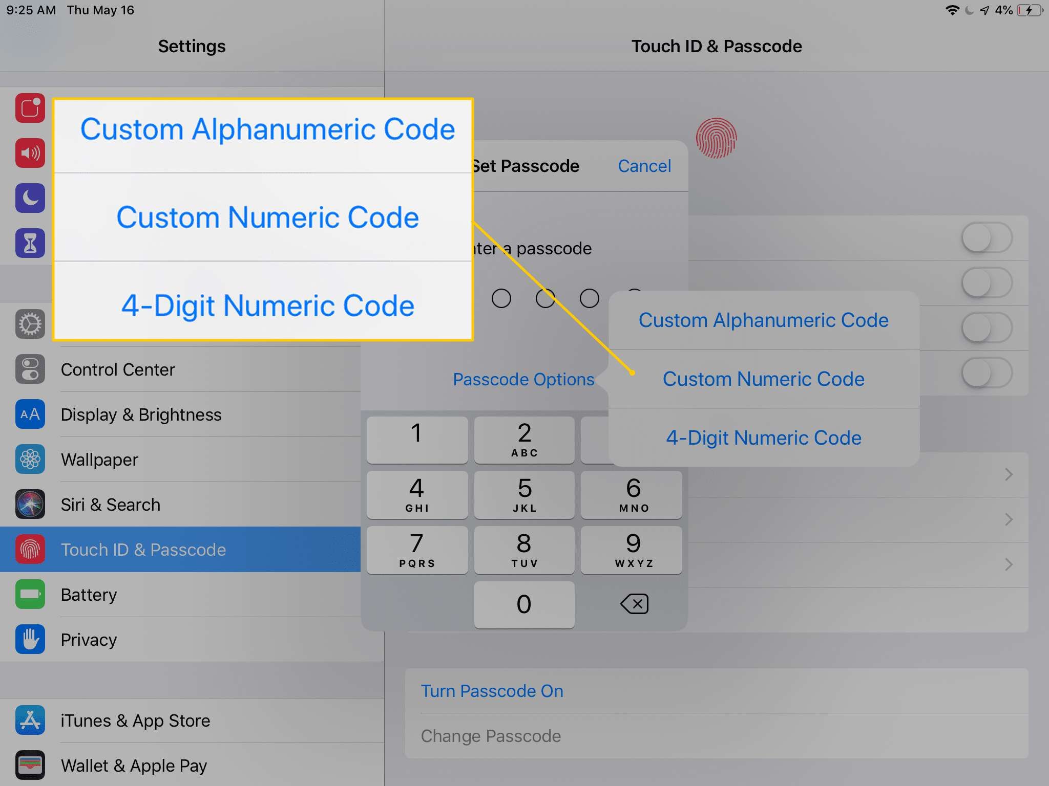 Параметры пароля в настройках iOS