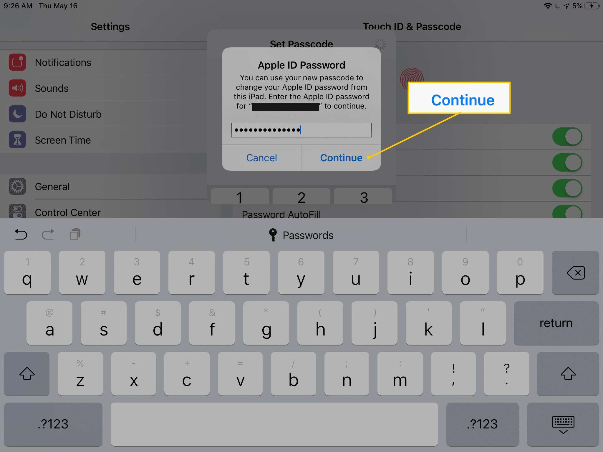 Кнопка «Продолжить» для пароля Apple ID в настройках iOS