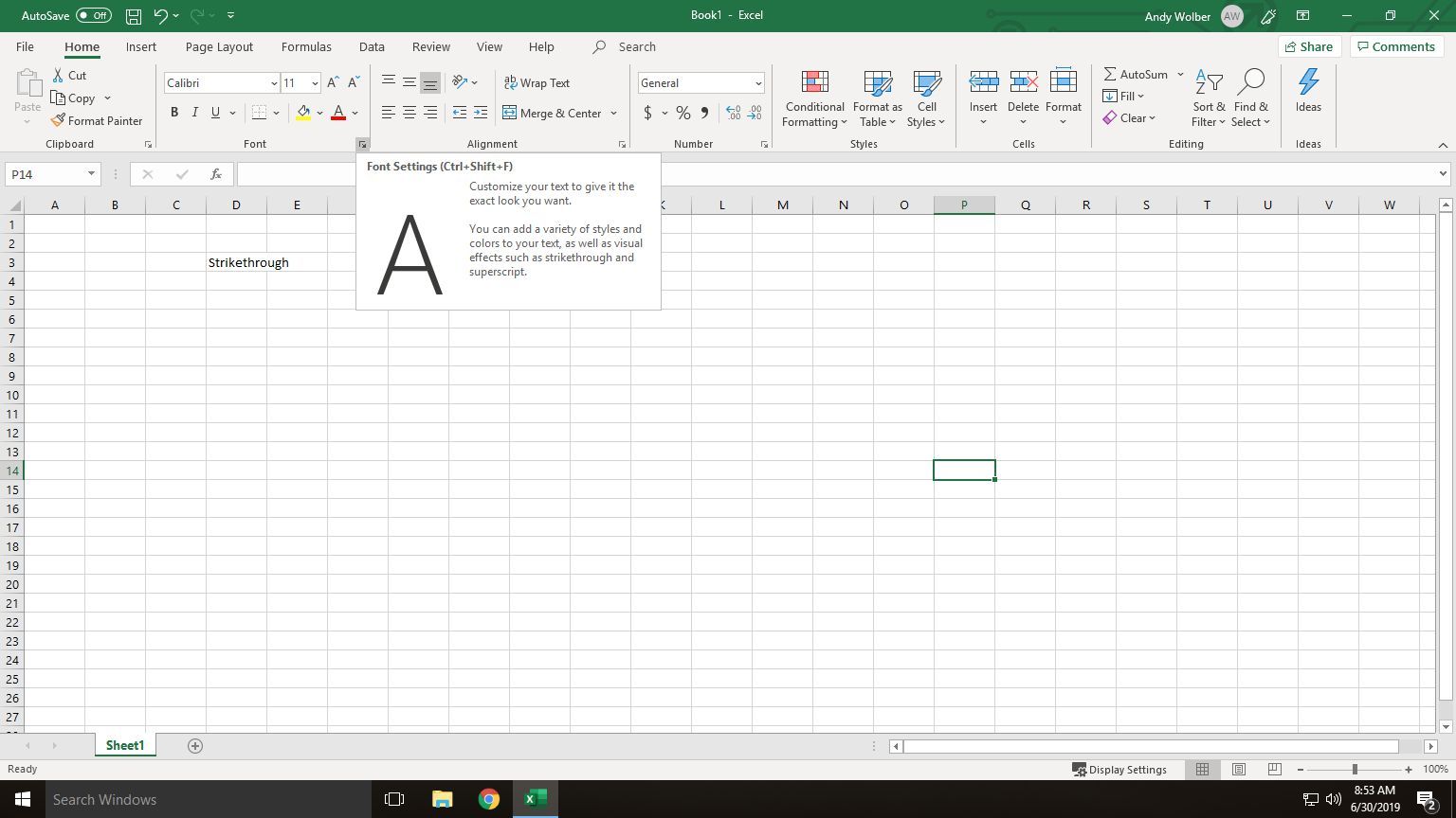 Снимок экрана курсора, размещенного над параметром выбора параметров шрифта. Выберите это, чтобы получить доступ к параметрам шрифта в настольном Excel