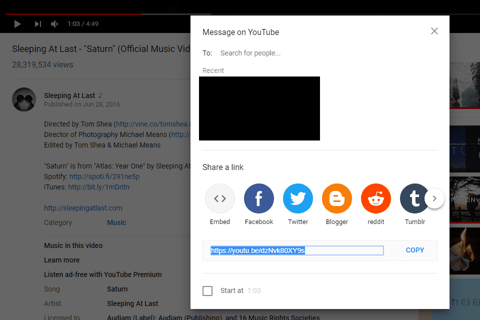 Опция копирования URL на YouTube