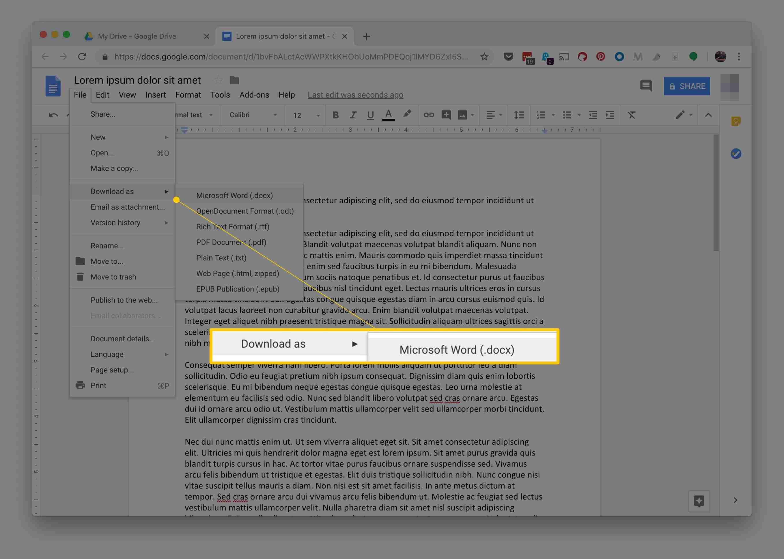 Элемент меню Загрузить как Microsoft Word (.docx) в меню Файл документа Файл