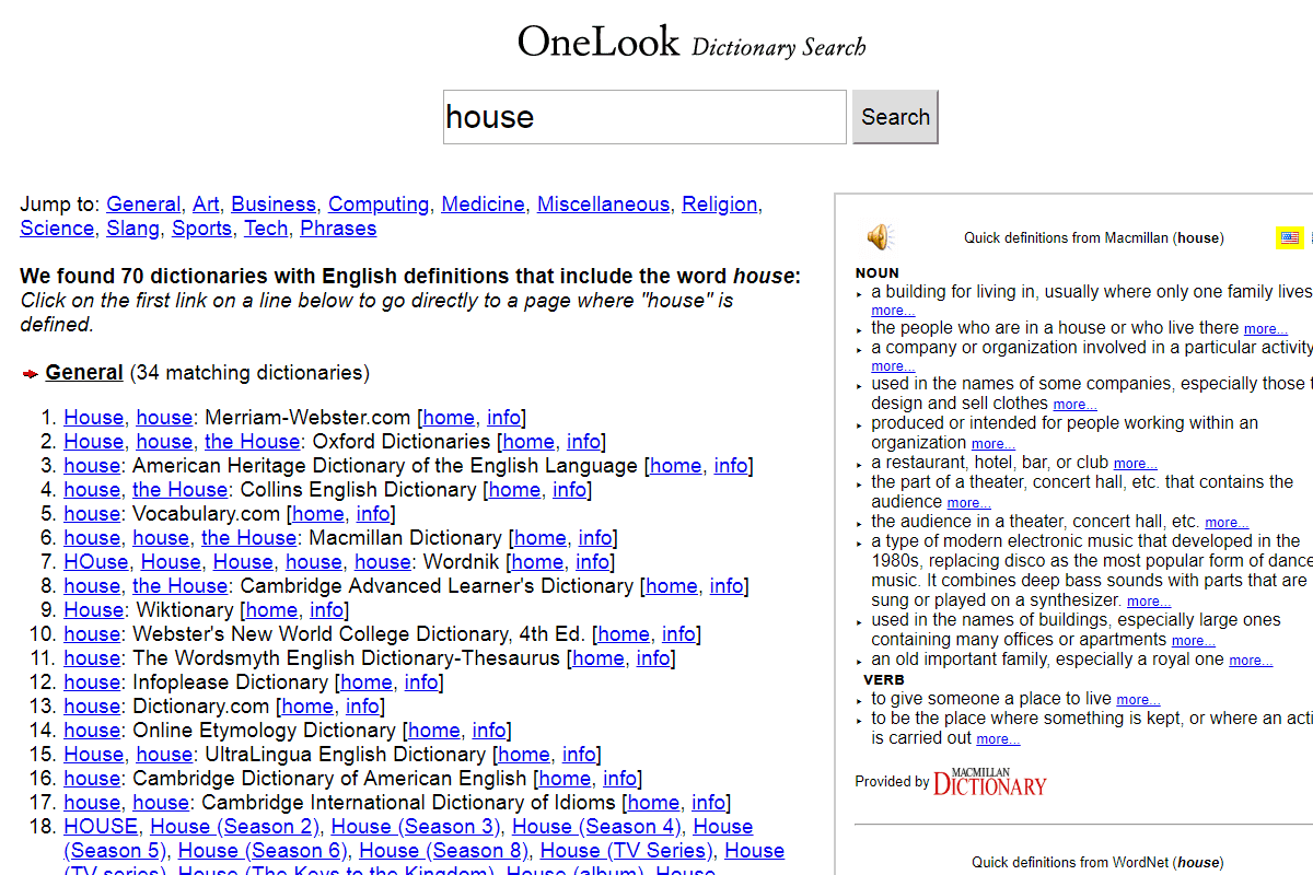 OneLook словарь результатов поиска для дома