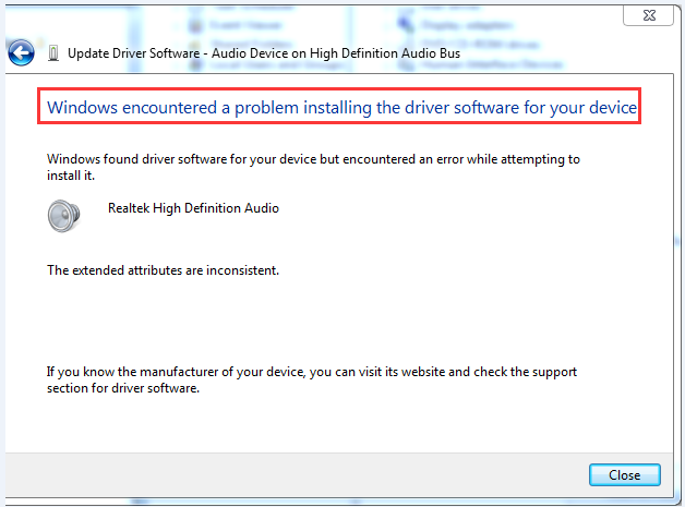 What to do if Windows encountered a problem installing the driver software 