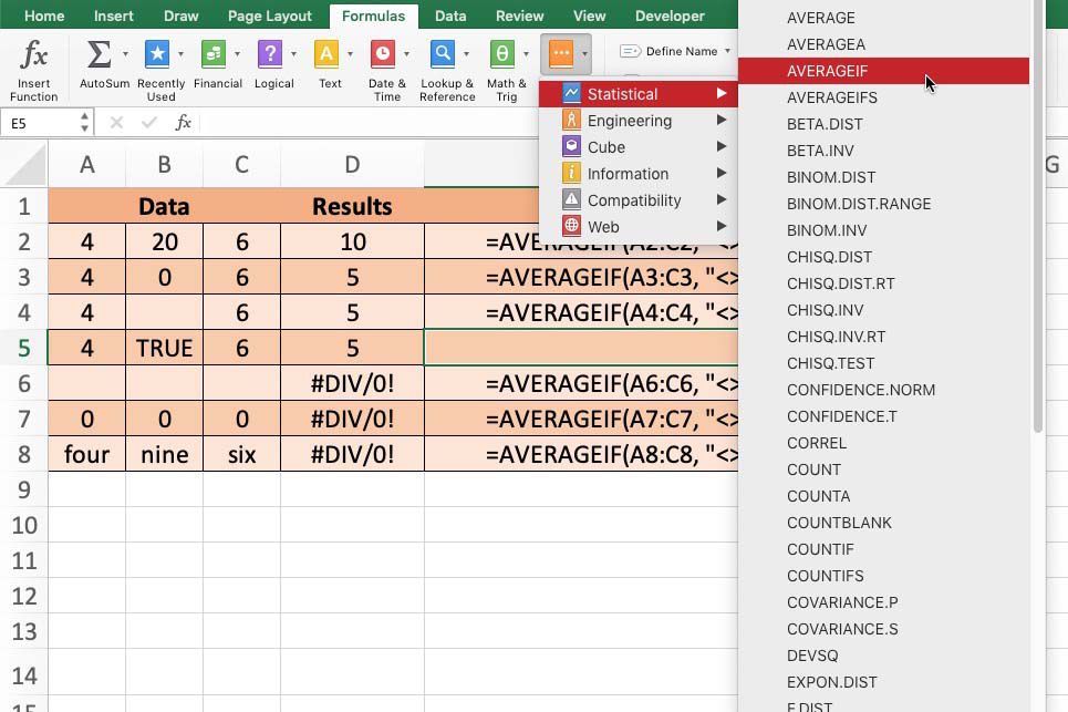 Снимок экрана Excel, показывающий, как выбрать формулу