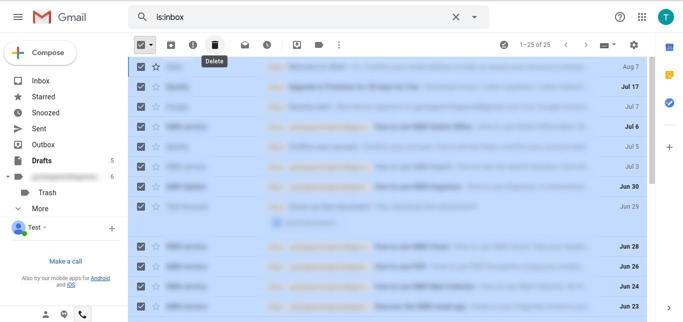 Gmail удалить все входящие