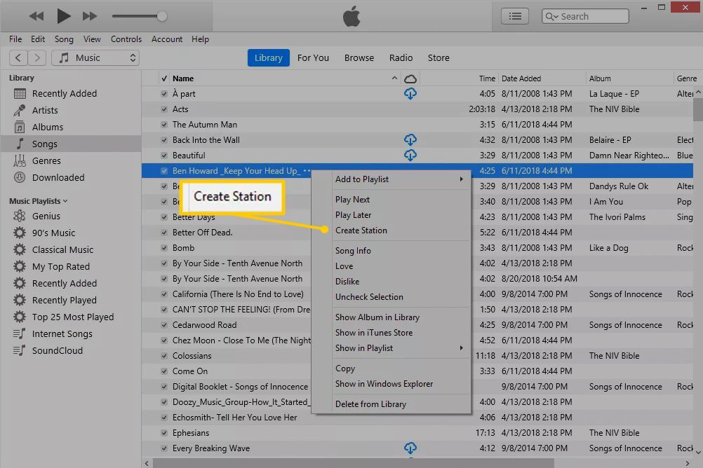 Пункт меню «Создать станцию» в iTunes