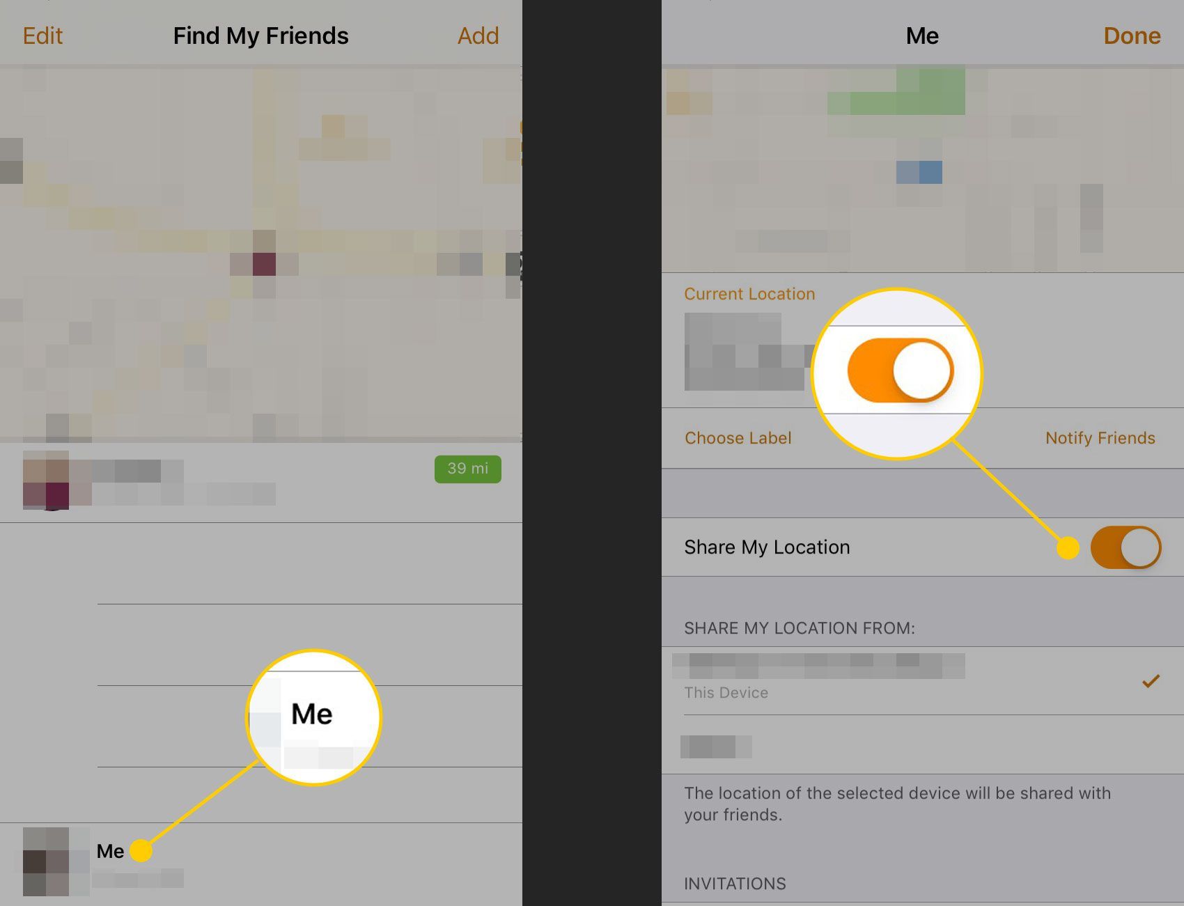 Отключить функцию «Поделиться своим местоположением» в приложении «Найти моих друзей» для iPhone