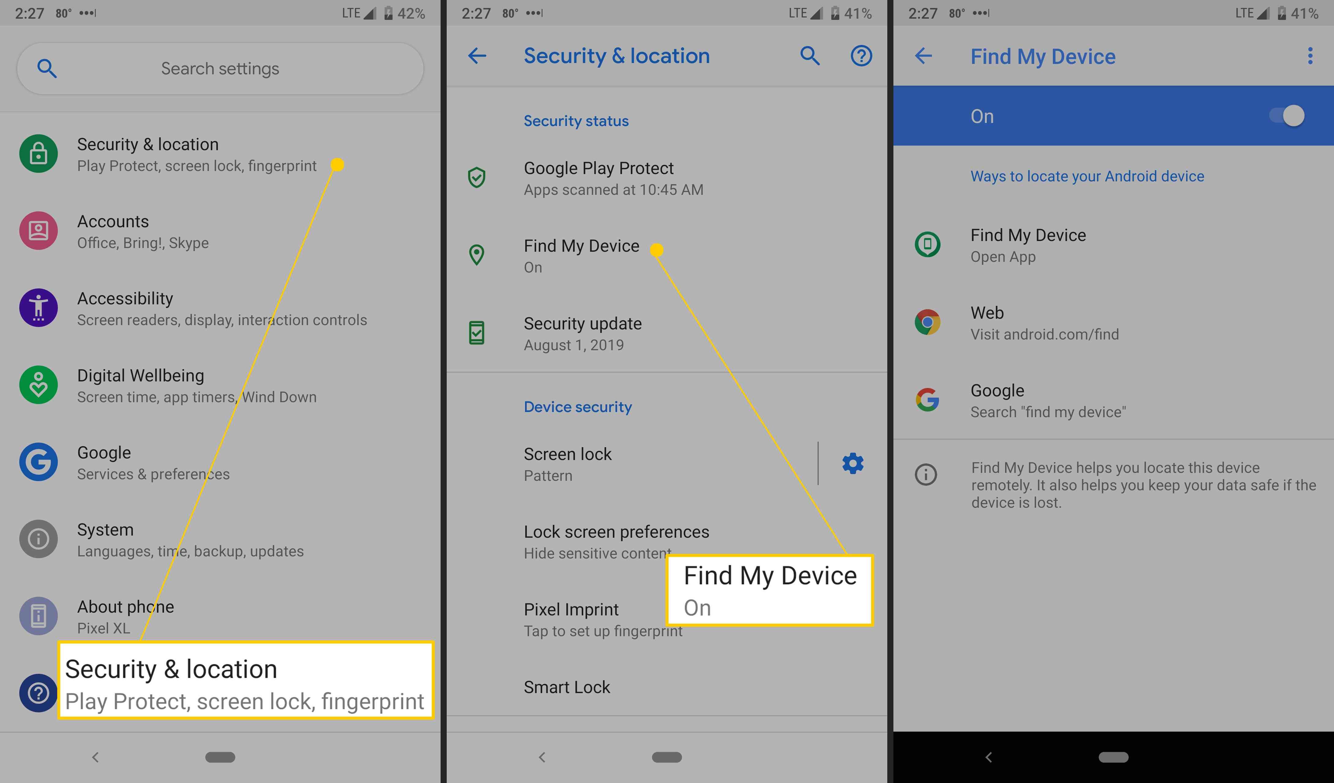 Android's Google Find My Device settings.