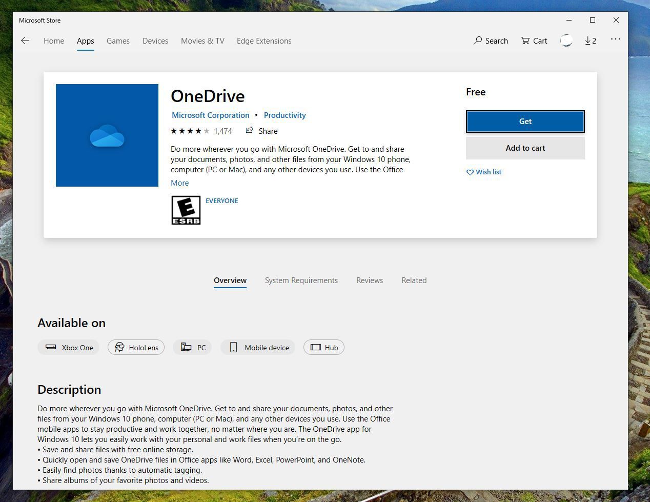 Снимок экрана приложения OneDrive в Магазине Майкрософт