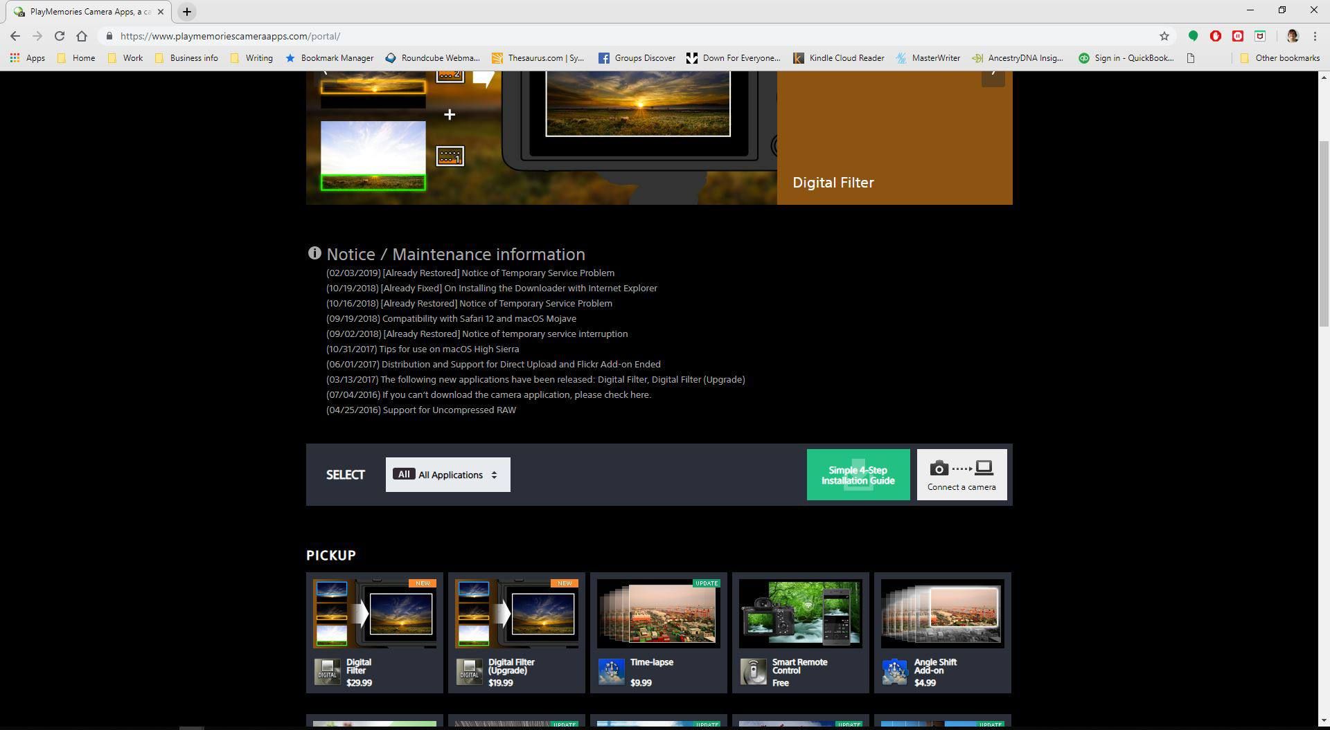 Браузер Chrome, показывающий веб-сайт Sony Playmemories.