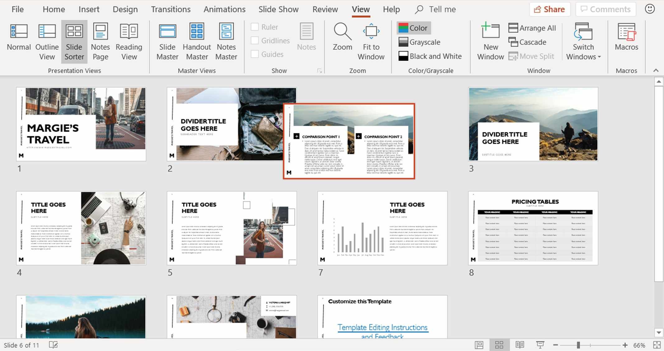 Снимок экрана, показывающий, как переместить слайд в другое место в представлении «Сортировщик слайдов» в PowerPoint