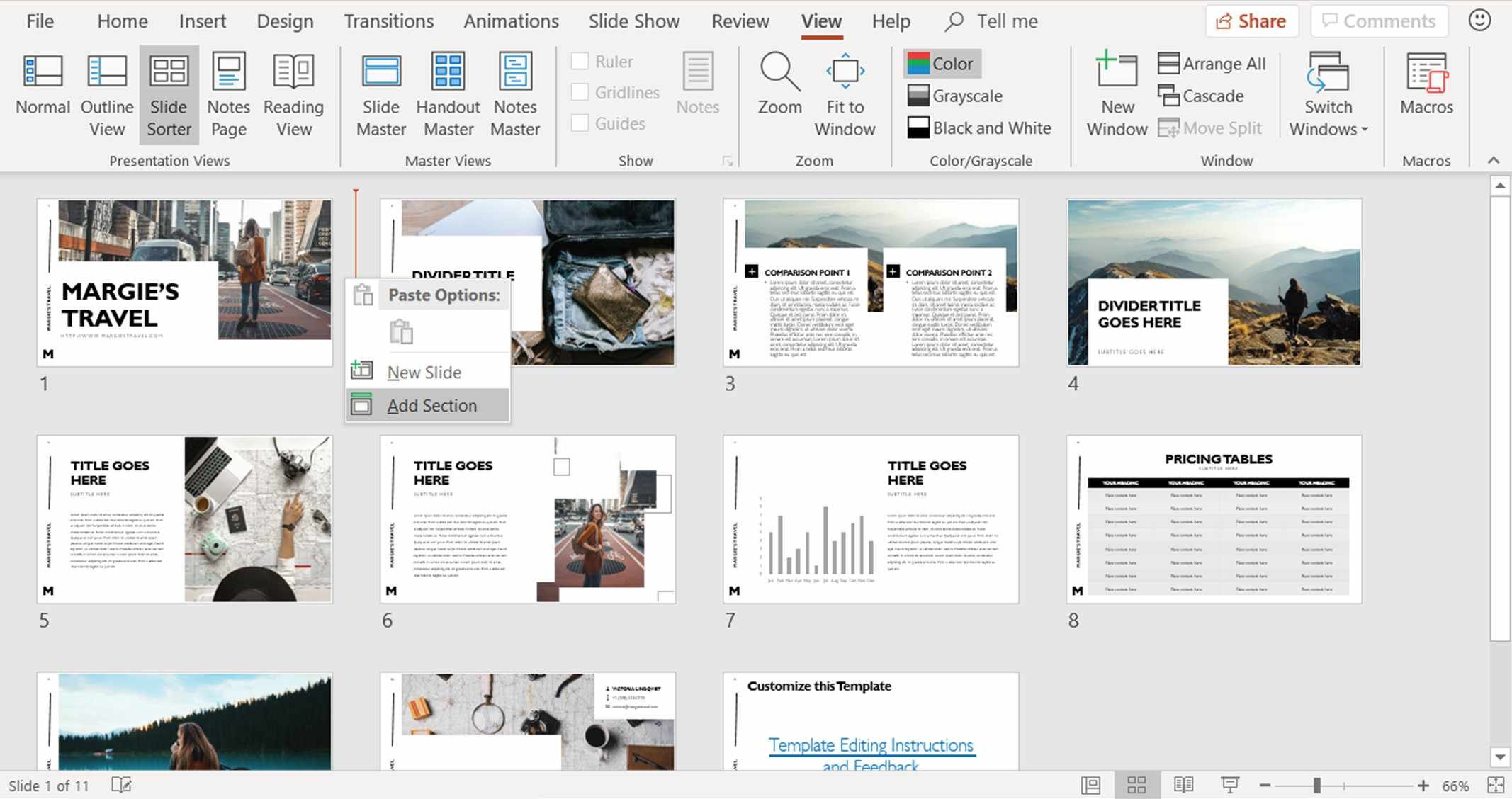 Снимок экрана, показывающий, как добавить раздел в презентацию PowerPoint в режиме сортировки слайдов