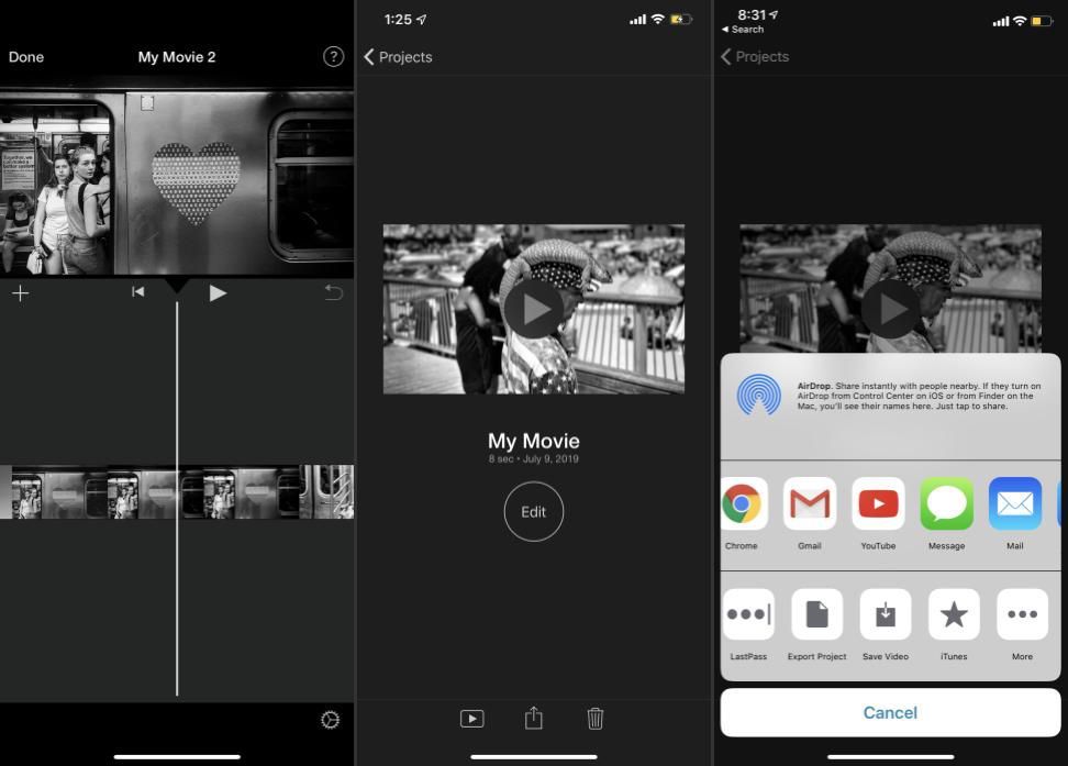Сетка из трех экранов, показывающая iMovie для iOS, показывающую рабочий процесс, который нужно перейти с вкладки редактирования в поле общего доступа.