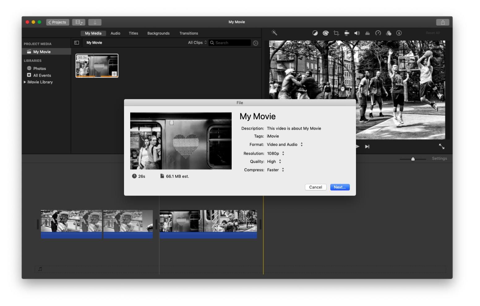 Экспорт файла iMovie с всплывающими настройками.