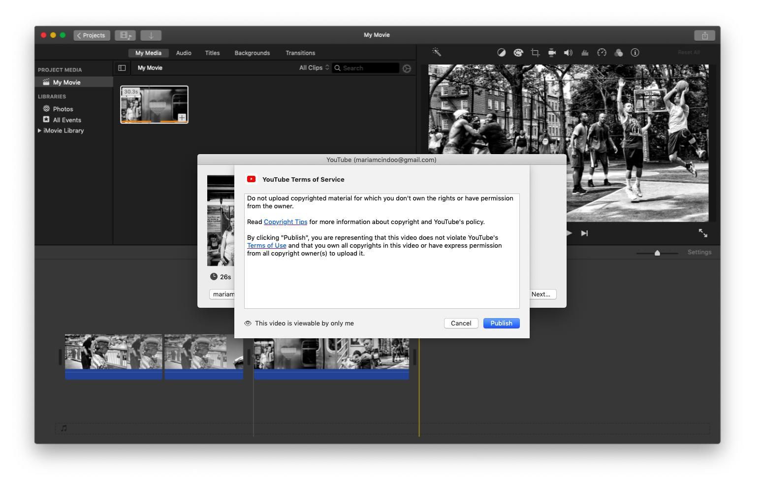 iMovie с выделенным уведомлением о загрузке YouTube и кнопкой «Опубликовать».