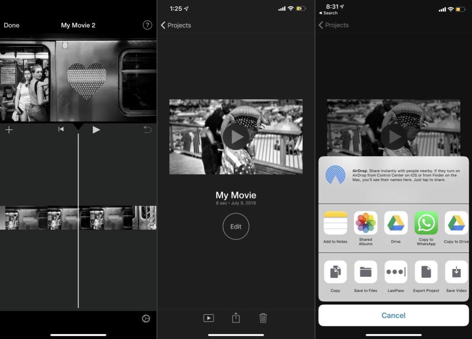 Сетка из трех экранов, показывающая iMovie для iOS, показывающую рабочий процесс, который нужно перейти с вкладки редактирования в поле общего доступа.