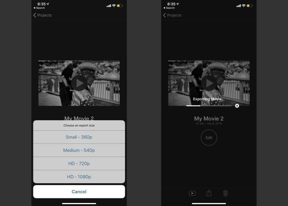 Процесс экспорта iMovie для iOS, показывающий выбор разрешения изображения и экспорт видео.
