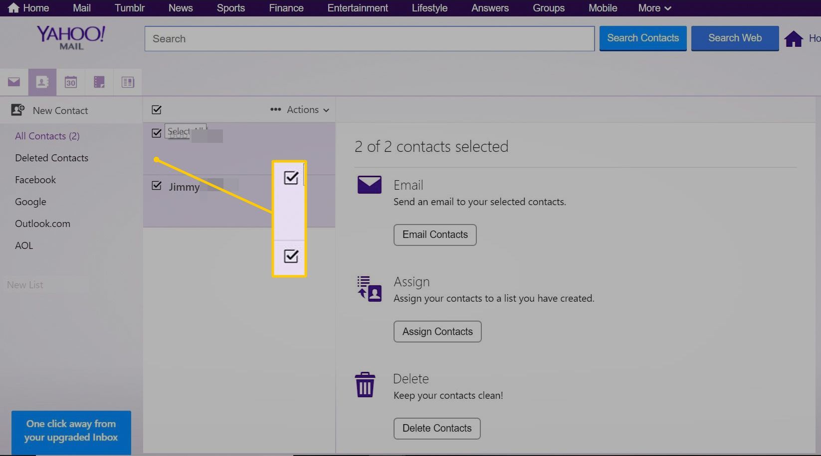 Флажки для выбора контактов в Yahoo Mail