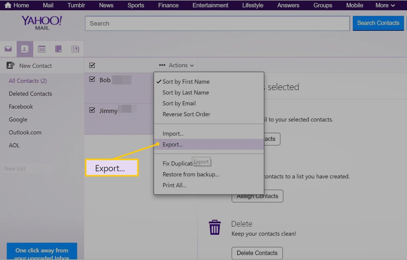 Пункт меню «Экспорт» в меню действий Yahoo Mail