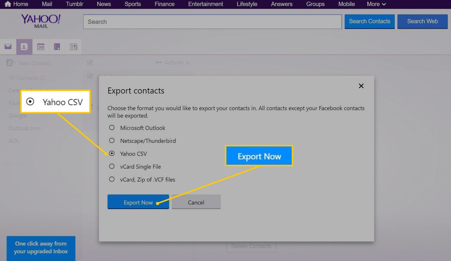 Yahoo CSV, кнопки Export Now в Yahoo Mail