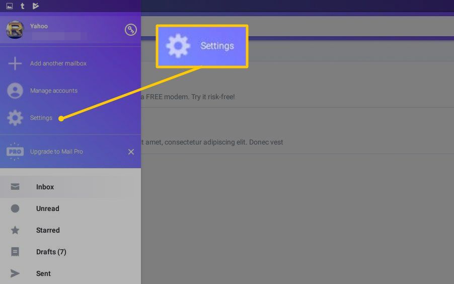 Кнопка настроек в Android Yahoo Mail