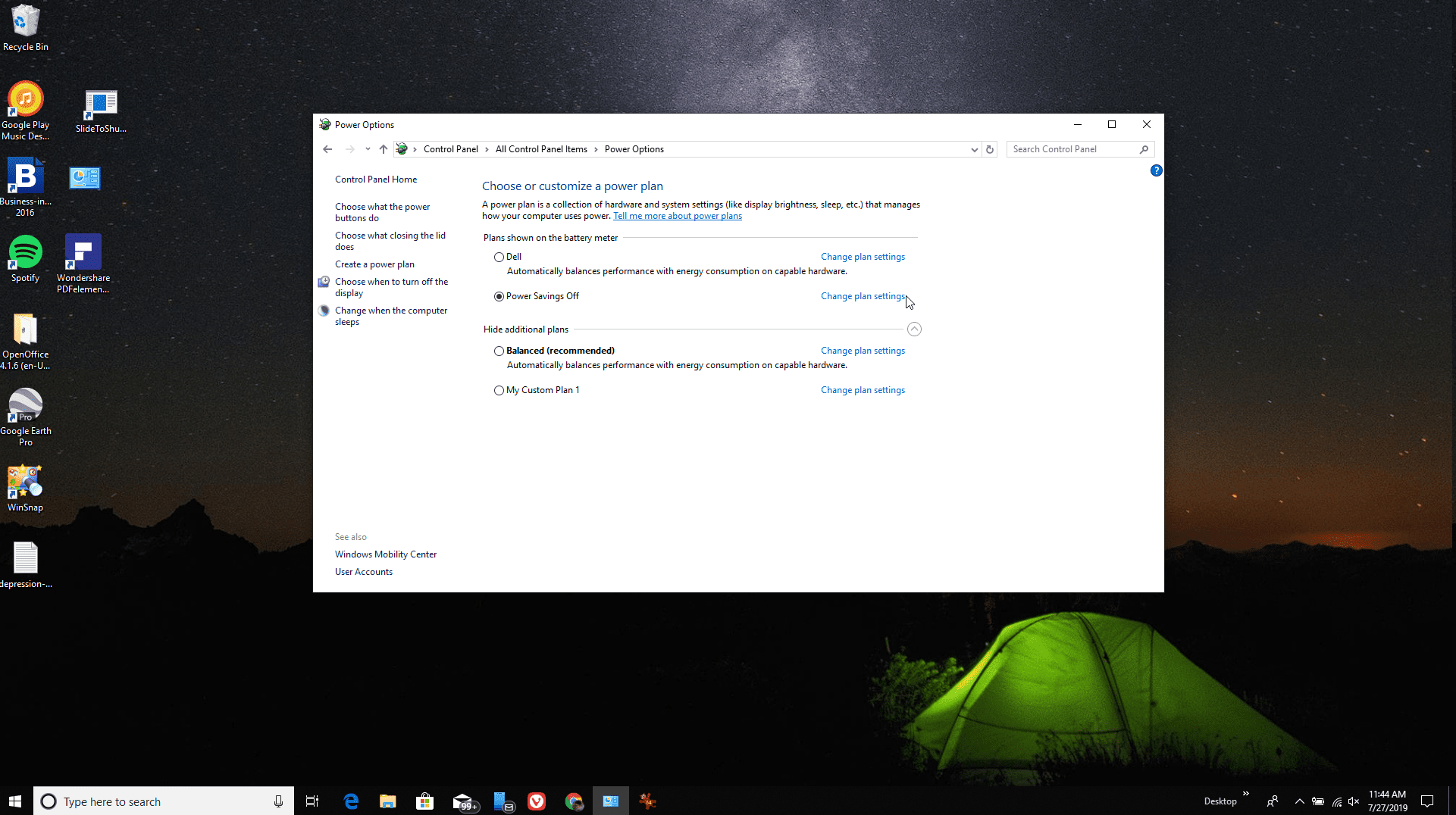 Скриншот изменения настроек плана в Windows 10