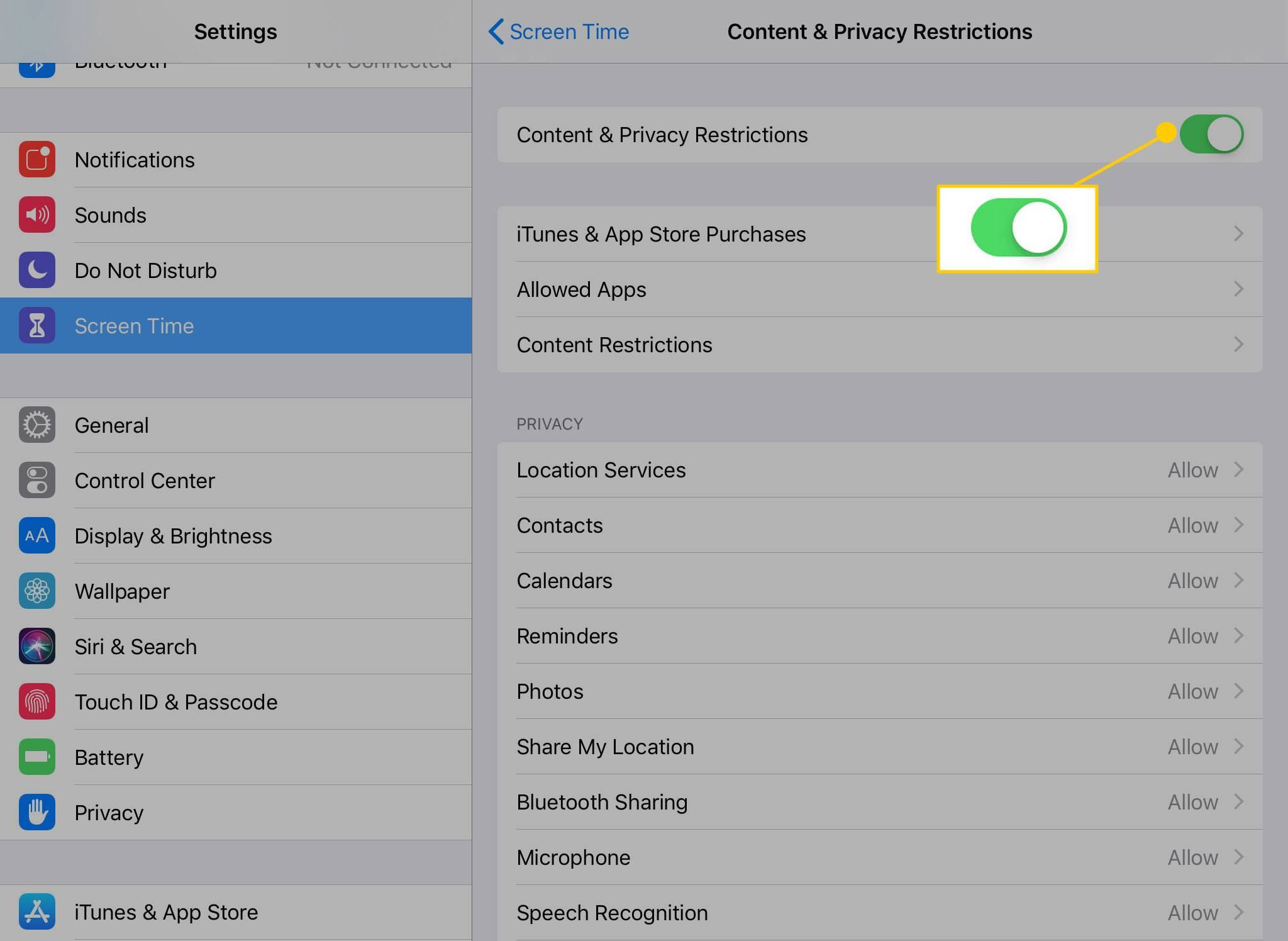 Слайдер Ограничения контента и конфиденциальности на iPad