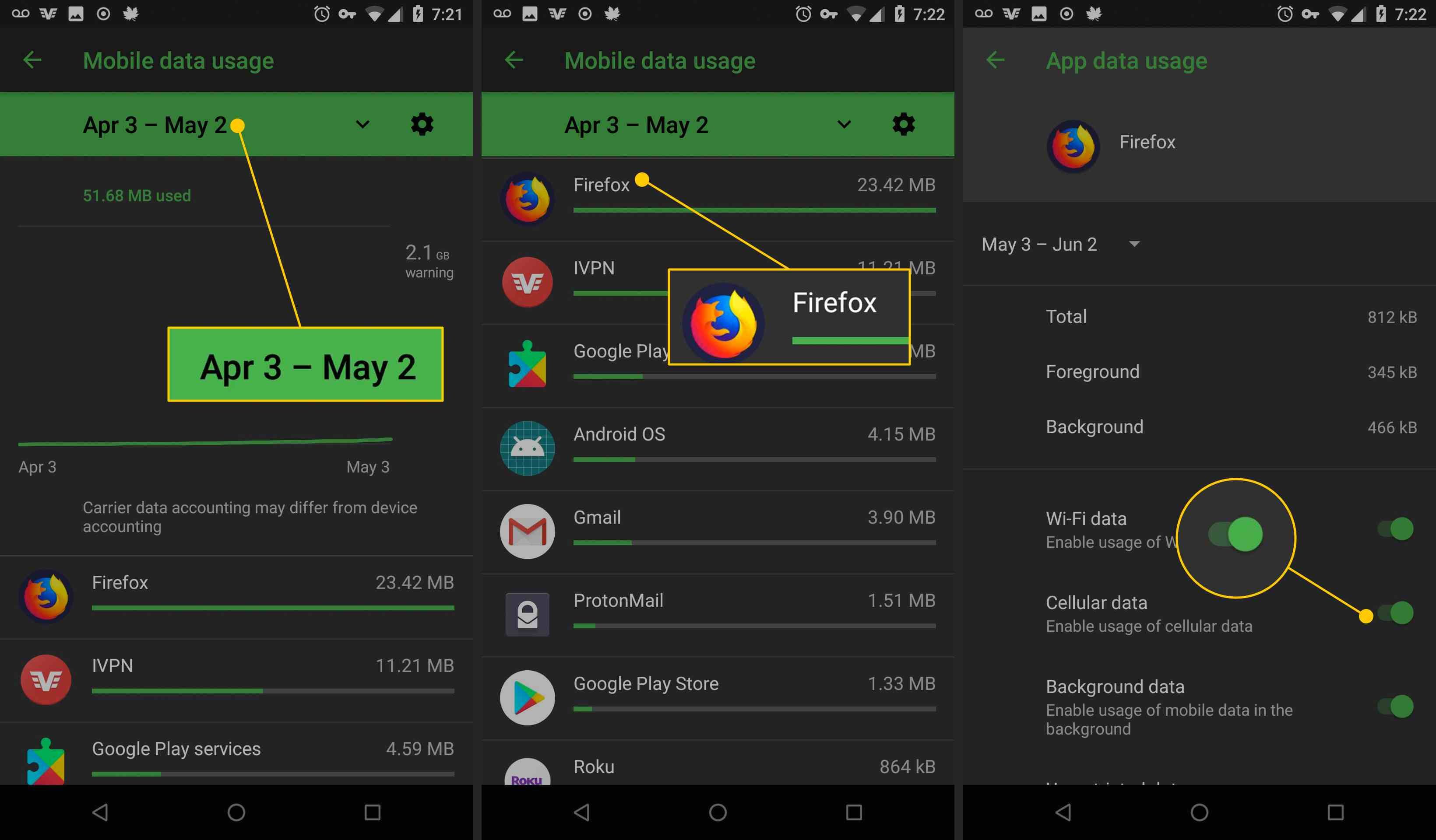 Календарный период, приложение Firefox, переключение сотовых данных на Android